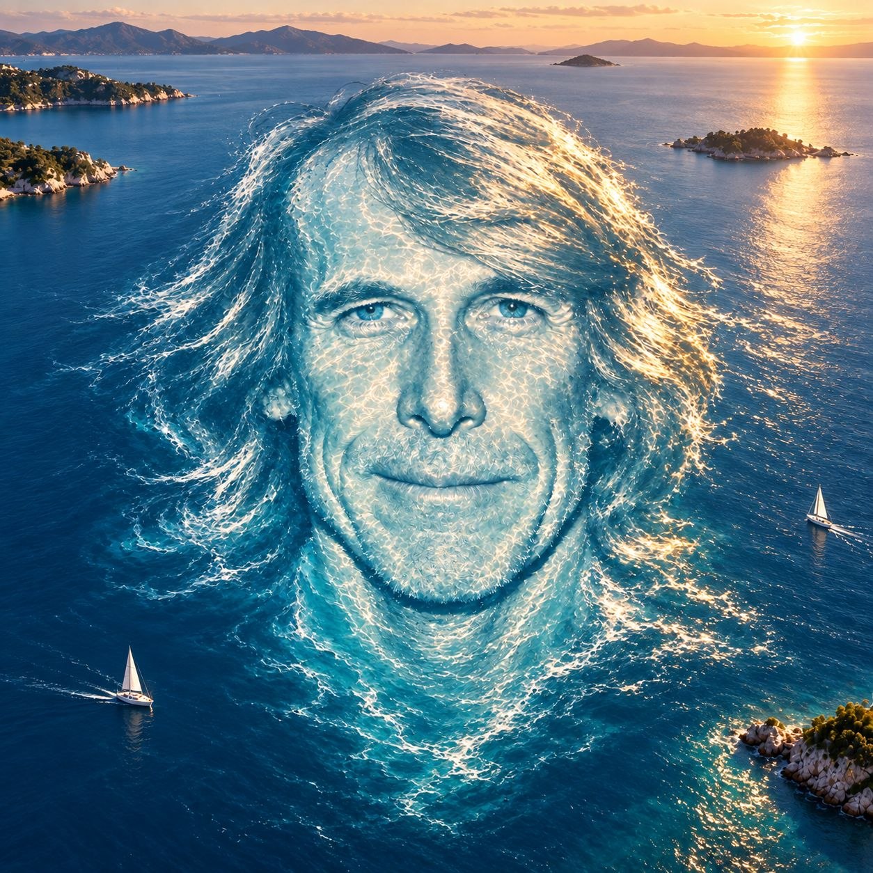 Michael Bay's face rendered in ocean waves at sunset, surrounded by islands and sailboats