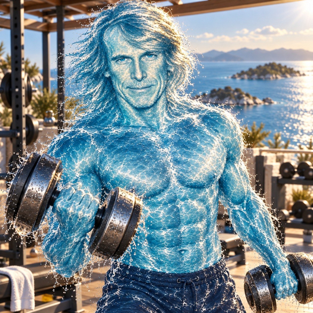 Water Michael Bay lifting dumbbells in an outdoor gym by the sea